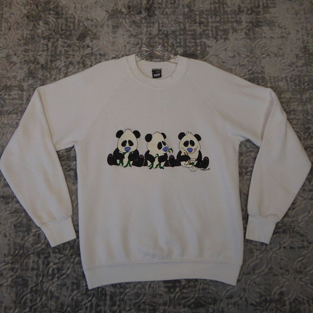 Vintage Giant Pandas Sweatshirt Adult Large White 80s Crewneck Nature Chop Stick - Picture 1 of 8